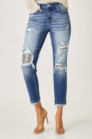 Zoe Mid-Rise Sequins Patched Jeans