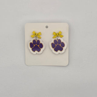 Game Day Cuties - Yellow Bow Purple Paw Print Earrings