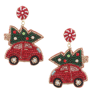 Slug Bug with Christmas Tree Seed Bead Earrings
