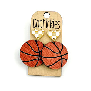 Basketball with Checkered Heart Dangle Earrings