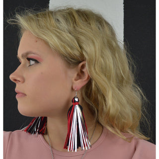 Red, Black & Metallic Silver Tassel Earrings