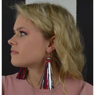 Red, Navy & Metallic Silver Tassel Earrings
