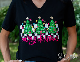 Trees with Check - V-Neck Christmas Tee