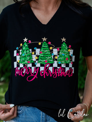 Trees with Check - V-Neck Christmas Tee