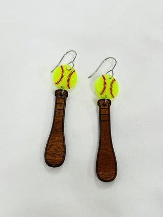 Softball & Bat Dangle Earrings