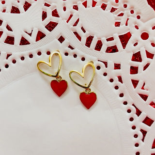 Gold Heart with Red Dangle Heart Studs