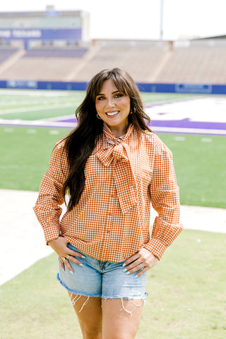 Sadie Orange Check Bowtie Long-Sleeve Top