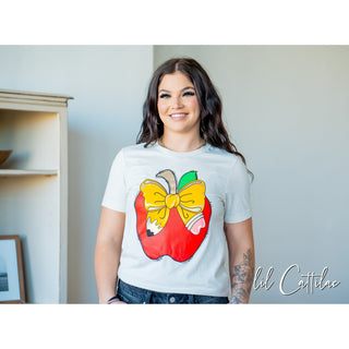 Teacher Apple with Pencil Bow Tee