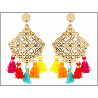 Multi-Color Tassel Wooden Diamond Earrings